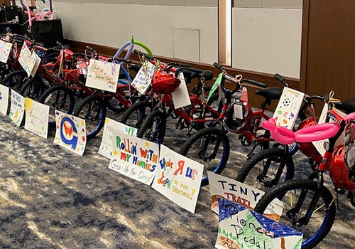 A group of bikes that will be donated that were created during the wheels for the world team building event